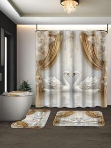1/4pcs Elegant Swan Print Waterproof Shower Curtain Set With 12 Hooks, Floral And Golden Decorative Elements, Bathroom Decor Curtain With Toilet Cover, U-Shape Mat, Modern Home Bath Accessory, Machine Washable