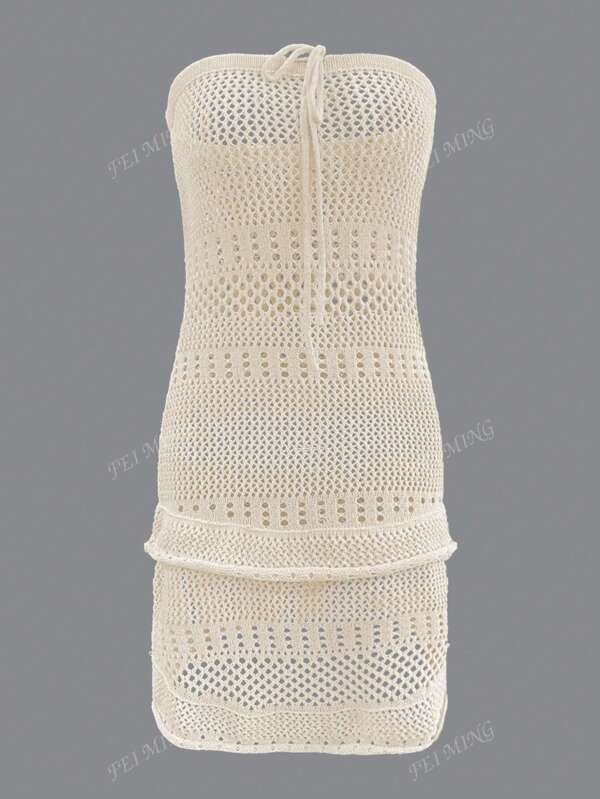 Vacation Boho Culoare Solidă, fără bretele, cu decupaje, cu volane, rochie din tricot montată pentru femei