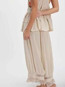 Women's Cropped Pants Casual Thin Stylish Solid Lace Trim Loose Fit Wide Leg Loose Trousers - Apricot - View 3