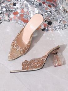 Sommer Damen glitzernde Dekor Plateau-Absatz Spitzschuh Klar-Riemen Sandalen, modisch elegante Alltags- und Party-Absätze, bequeme leichte künstliche Leder Lässig Slip-On Sandalen, Sommer Muss-have