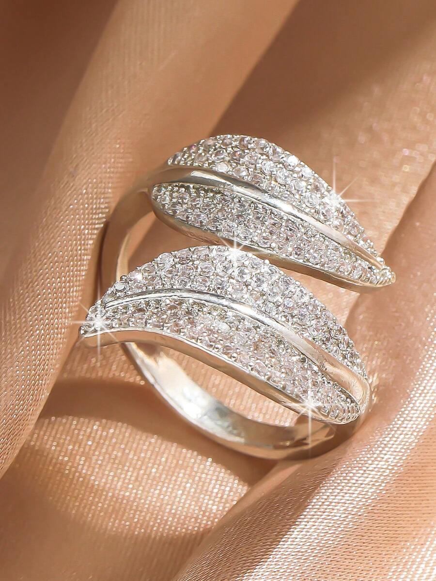 rakol 1pc Fashion Cubic Zirconia Leaf Design Open Ring, Suitable For Women's Daily Wear - Silver - View 1