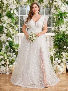 UNITHORSE UNITHORSE Plus Size Sweetheart Collar Cap Sleeve Ethereal Floral Mesh Overlay Slit Hem Lightweight Wedding Dress Evening Gown,Bride, All White Party Outfit Women