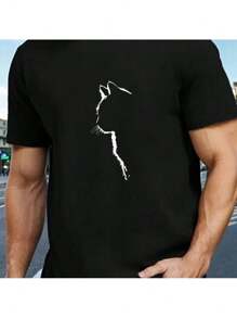 Cat Print T-Shirt, Unisex Round Neck Short Sleeve T-Shirt - màu đen - Xem 1