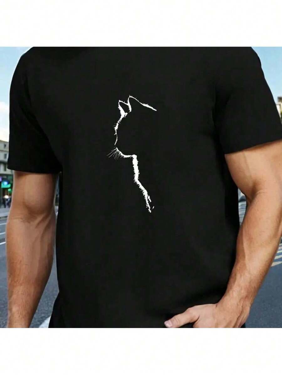 Cat Print T-Shirt, Unisex Round Neck Short Sleeve T-Shirt - màu đen - Xem 1