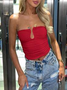 Mystra Summer Solid Color Wrap Chest Backless Ruched U-Shaped Buckle Water Drop Hollow Design Sexy Elegant Fitted Tube Top - Red - View 5
