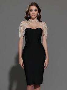 Modphy Black Bandage Bodycon Dress With Faux Pearl Beaded Shawl, Fashion Evening Gown For Parties And Festivals, Party Dress, Wedding Guest Dress, Prom Dress - Black - View 2