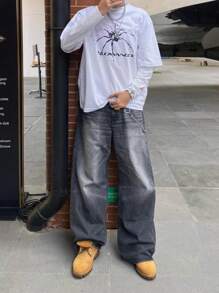 Men's Vintage Ripped Black Washed Denim Jeans, Loose Straight Leg - Black - View 4