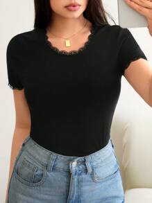 Blusa Manga Corta Cuello Redondo Color Negro Encaje en manga y escote - Negro - Ver 1