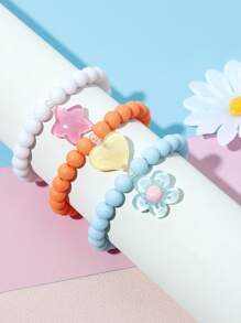 3pcs Girls Beaded Charm Heart Flower Star Bracelet Set