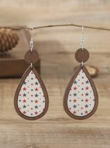 1 Pair New Patriotic Layered Wooden Star Stud Earrings With Wooden Frame, Celebrate 4th Of July