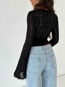 Women's Wrap V Neck Self Tie Knot Long Sleeve Lace Blouse Shirt Crop Top Ruched Slim Fit Cross Wrap Tops - Black - View 5