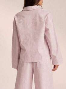 Conjunto de pijama de talla grande para mujer con camisa de manga larga con botones y atar y pantalón largo color lila - Lila Púrpura - Ver 2