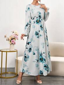 Women's Floral Print Long Sleeve Maxi Dress - Elegant Round Neck Dress With Mushroom Buttons & Flared Sleeves For Spring Summer,Elegant Long Sleeve Robe,Summer Dresses,Dresses Classy Elegant - Multicolor - View 3