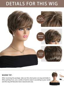 Wig Pendek Keriting Cokelat Campuran Bervolume Alami untuk Wanita dengan Poni Samping, Serat Sintetis 10 Inci, Cocok untuk Pemakaian Sehari-hari, Liburan, Pesta - MultiWarna - View 7