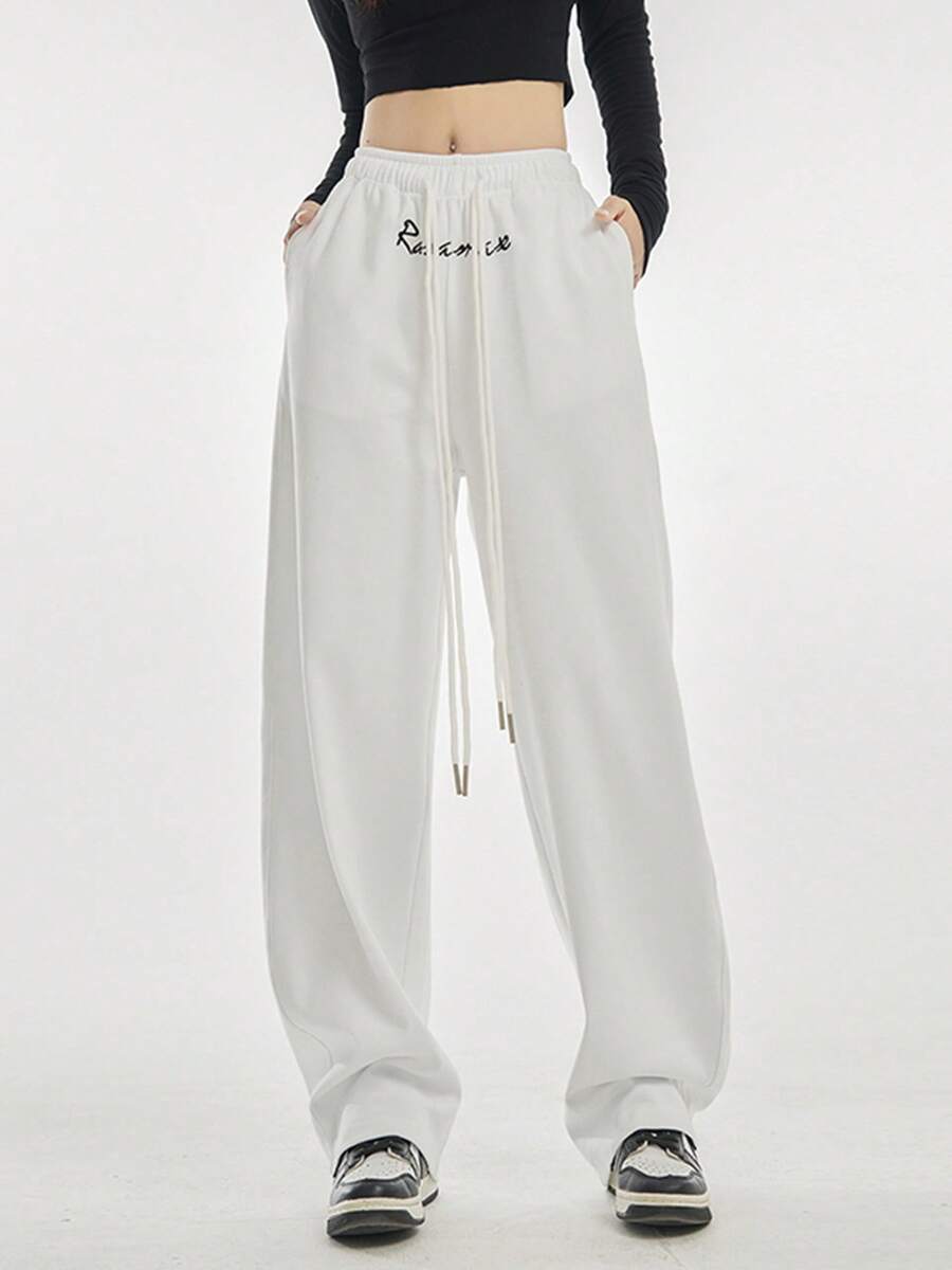 Retro bordado pantalones de chándal las mujeres la primavera y el otoño de jazz suelta nueva danza pantalones rectos pantalones de machete pantalones de chándal - Blanco - Ver 1
