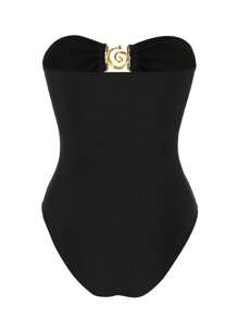 Costume da bagno intero sexy di stile europeo e americano, di colore unito, con scollo alla halter e lavorazione a giorno, per donne