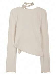 女士休闲纯色针织T恤，春季新品 - 杏色 - 查看 4