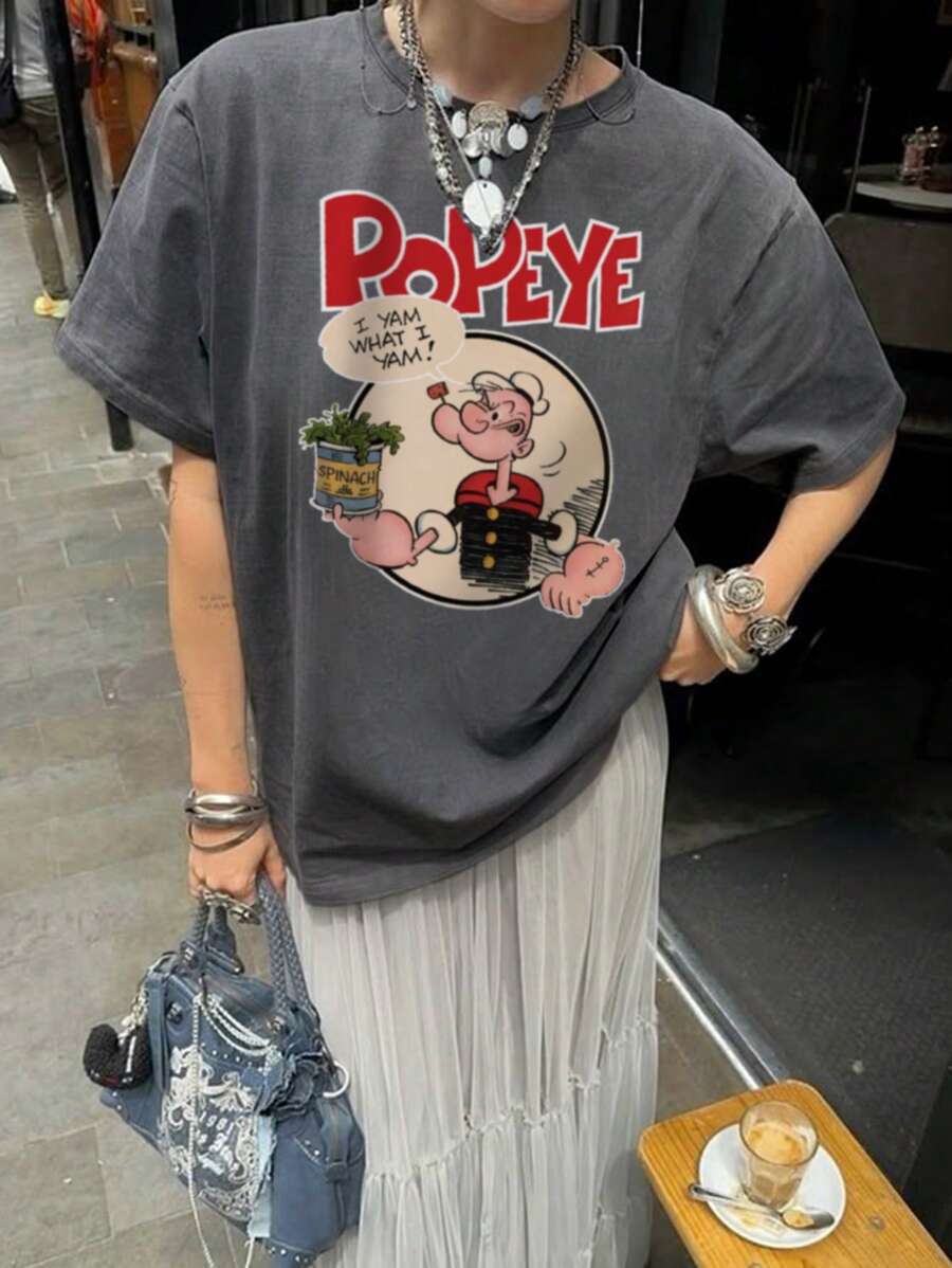 女士夏季新款彩色字母卡通人物印花圆领短袖休闲T恤,时尚百搭,适合春夏穿着 - 深灰色 - 查看 1