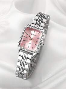 CARYINO 1pc CARYINO Women's Classic Square Stainless Steel Quartz Watch With Zirconia Inlay, Elegant And Versatile For Daily, Business, And Party Wear