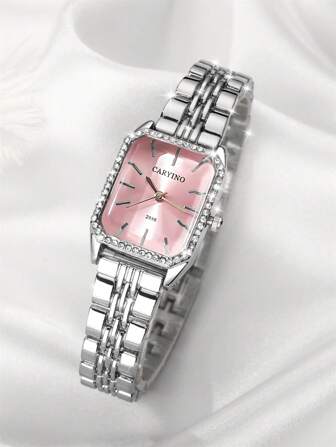  1 pieza Reloj de cuarzo clásico cuadrado de acero inoxidable para mujer CARYINO, con incrustaciones de circonita, elegante y versátil para uso diario, negocios y fiestas