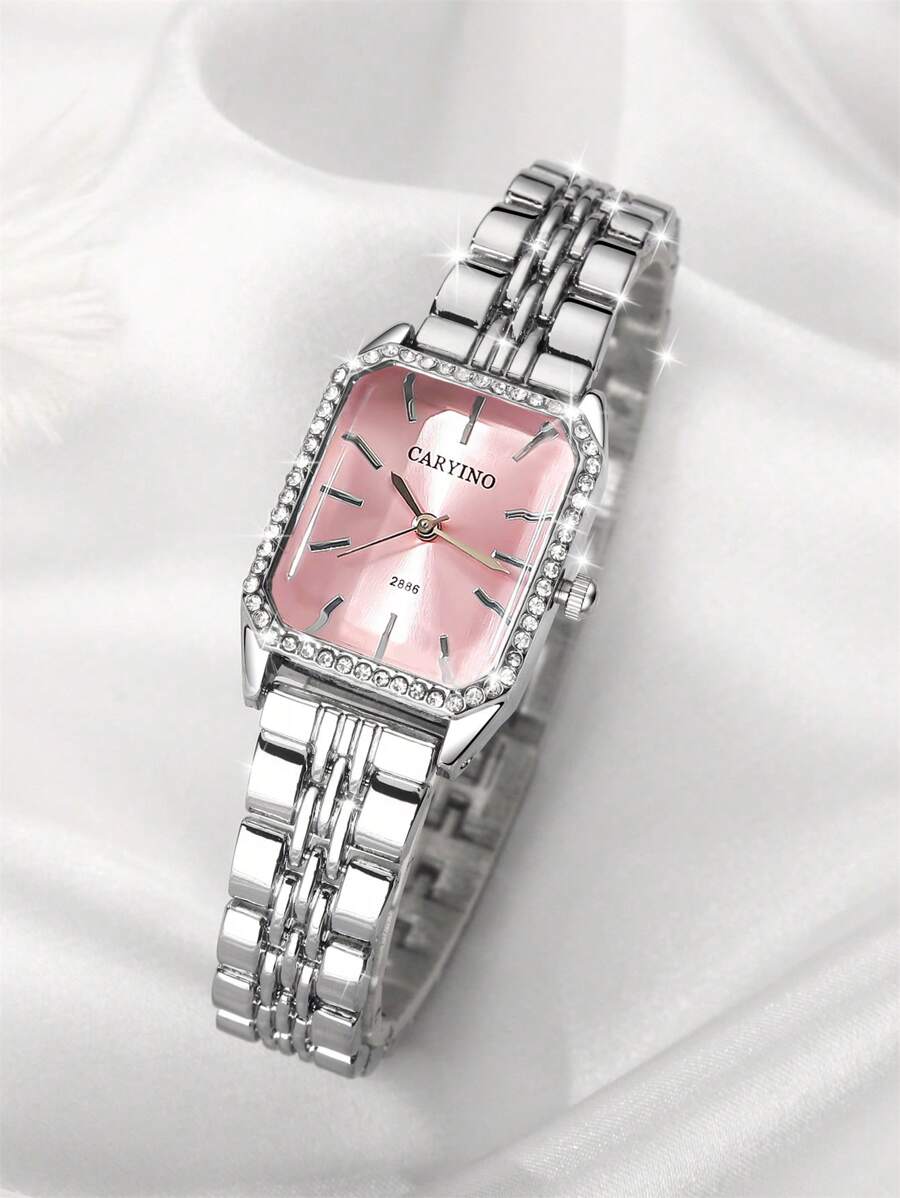 CARYINO 1pc CARYINO Women's Classic Square Stainless Steel Quartz Watch With Zirconia Inlay, Elegant And Versatile For Daily, Business, And Party Wear