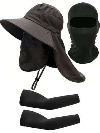 3件1套 男士UPF50+防紫外线户外运动套装|抗盐分宽边防晒帽+吸湿速干护颈面罩+冰丝防海腐蚀防晒袖|适用于钓鱼/露营/高尔夫/适用于徒步/皮划艇/沙滩/摩托车/滑雪|透气速干四季户外防晒装备套装