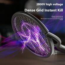 1个可折叠电蚊拍，USB Type-C充电，2800V物理灭蚊器，带可伸缩手柄和旋转折叠机构，多层网罩和紫外线吸引技术，适用于室内外使用 - 家居、卧室、厨房、办公室、露台 - 彩色 - 查看 9