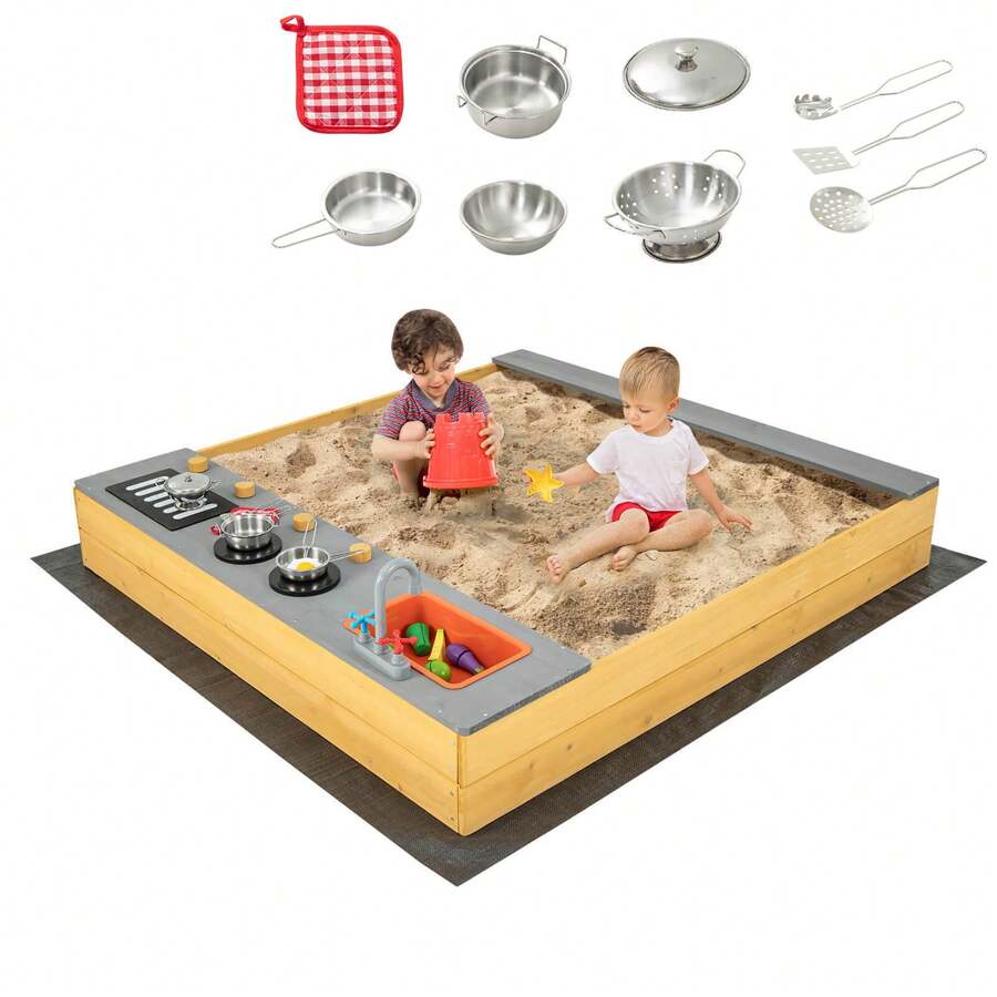 Kids Sandbox Outdoor Wooden Sandpit W/ Bottom Liner Creative Cooking Area - 自然的 - 查看 1