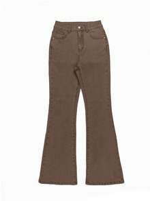 GILIPUR New Brown Old Money Style Flare Leg Women's Jeans - High Waist, Slim Fit, Stretch, Elegant, Fashionable, Casual, Versatile, Back-To-School Street Style, Y2K, 2000s Fashion, Autumn & Winter Clothing, Retro Apparel, Perfect For New Year Winter And Thanksgiving