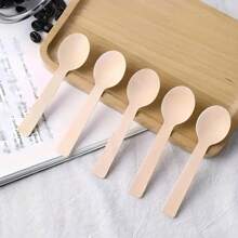 10/50/100pcs Disposable Wooden Round-Headed Spoons, Mini Spoons, Wood, Used For Dessert Spoons, Ice Cream Spoons, Cake Spoons, Graduation Party Supplies, Birthday, Wedding, Camping Meal, Concave Tip, Christmas, Easter, Halloween, Mother's Day And Other Festivals