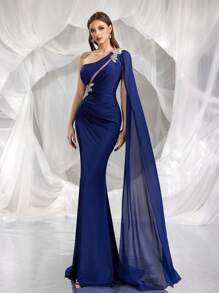 Elegantes und romantisches asymmetrisches 3D-Kleid mit Strass-Verzierungen, geeignet für Abendpartys, formelle Anlässe, Abendkleider, für Hochzeitsgäste