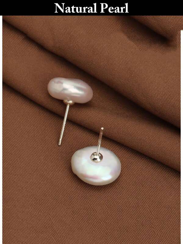 1 Par de Brincos de Botão Elegantes e Charmosos de Pérola de Água Doce Barroca Branca de 11-12mm e Prata 925 para Uso Diário ou Festa