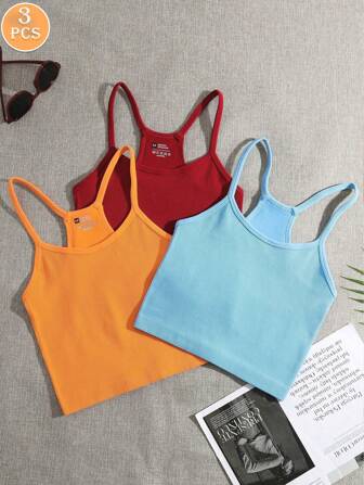 3pcs Seamless Camisole Bra, Yoga Sports Vest, Fashion Racerback Tank Top, Spaghetti Strap Bra For Summer, Casual Solid Color Sleeveless Camisole, Comfortable Knit Fabric, Base Layer Top