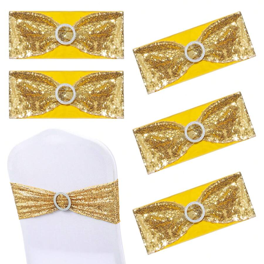 1/12/20/30/50 jeu de sangles de chaise à paillettes, nœud décoratif de 30x15 cm avec boucle, fournitures de mariage - or
