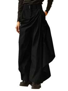 INCERUN Men High Waist Asymmetrical Wrap Ruffles Holiday Casual Loose Palazzo Culotte Trousers Zipper Long Pants Bottoms - 黑色 - 查看 2