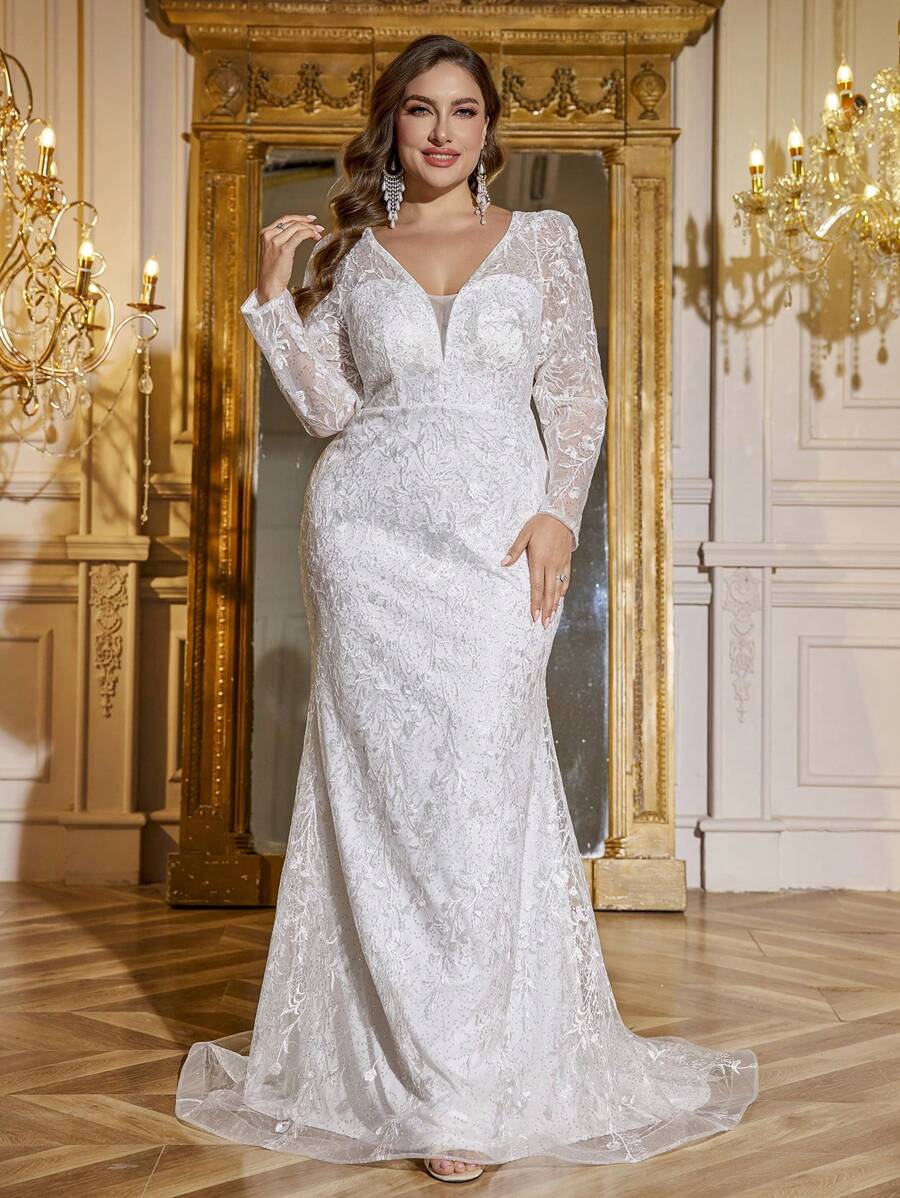 UNITHORSE Plus Size Women V-Neck Long Sleeve Mesh Patchwork Embroidery Mermaid Hem Dress, White Bridal Party Bridesmaid Dress, Wedding Dress - White - View 1