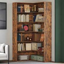 Corner Bookshelf With Baffles, Corner Bookcases 6 Tiers, Etagere Shelf Storage Rack For Living Room, Home Office, Vintage Brown