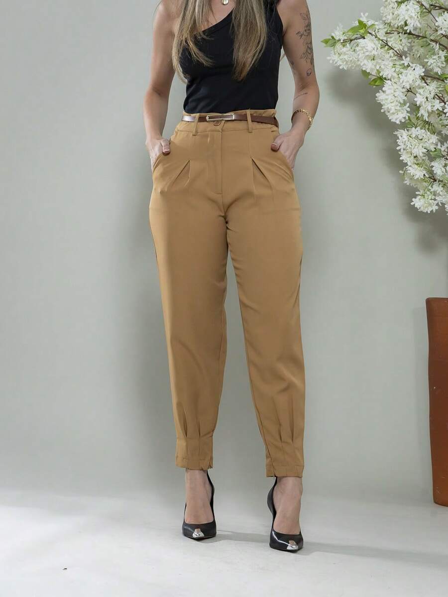 Carrot Pants With Zipper On The Leg, Tailored C3095 - 卡其色 - 查看 1