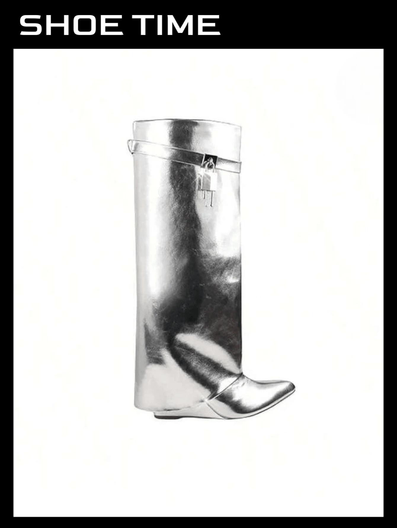Padlock Detail Fold Over Wedge Knee High Boots - Silver - View 1