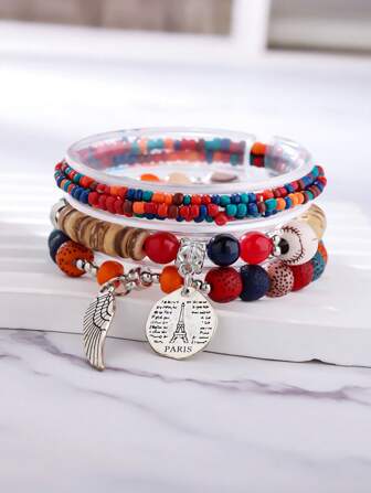 波西米亚风多层串珠弹力手链（珠子颜色随机）
