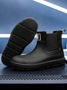 (Size Runs Small) 1 Pair Women's Fashion Mid-Calf Rain Boots, Faux Leather Pattern Waterproof Galoshes, Plus Size Chelsea Short Rainboots, Versatile Thick Waterproof Boots - Black - View 5