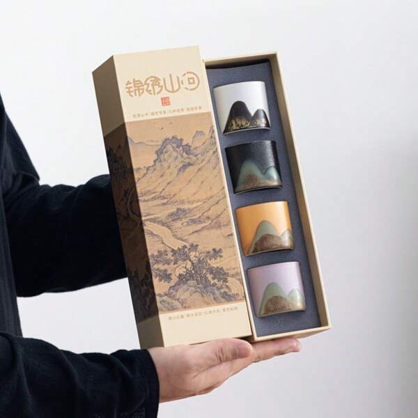 1 Conjunto/4 Piezas Taza De Té Creativa De Estilo Chino Con Caja De Regalo, Recipiente De Té De Cerámica Individual Con Cuchara A Juego, Equipo De Té Novedoso