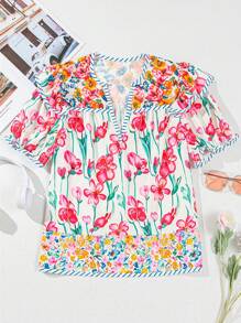 Women's Pink Floral Print Striped Trim Split Neck Short Sleeve Shirts Blouse Boho Summer Tops