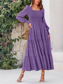 Women's Spring Summer Long Sleeve Dresses Wedding Dresses Elegant Fluffy Long Sleeve Locked Waist Swing Fluttering Long Dresses - 紫色 - 查看 3