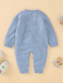 Infant Knitted Jumpsuit, Rabbit Pattern Round Neck Double-Breasted Overalls, 0-24 Months