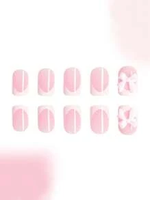 24pcs Short Square Press-On Nails, White French Tip With Bow Decor, Sweet Style Full Cover, Suitable For Women & Girls, Artificial Nails, Daily Wear Nail Accessories - Pink - View 3