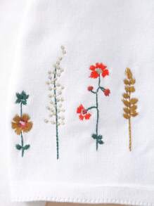 Girls Crew Neck Flower Embroidery Knitted Sweater - White - View 4