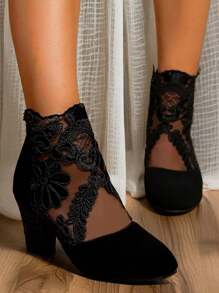 時尚潮流的女款黑色網眼靴,適合2024年春秋日常使用和派對 - 黑色 - 查看 3