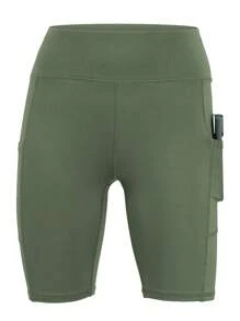 Plus Size Women High Waist Compression Yoga Shorts, Fitted Slimming Workout Running Shorts With Pockets - Green - View 3