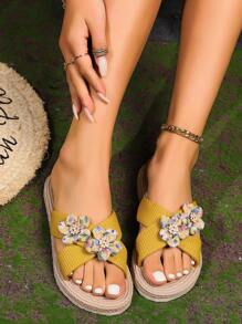 New Rope Sole Beach & Home Women Slippers, Fashion Outdoor Casual Floral Sandals